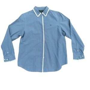 Ralph Lauren Pajama Top Womens Long Sleeve Lace Button Down Cotton Blue Large